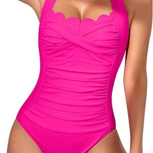 EOMENIE WOMEN ONE PIECE TUMMY CONTROL SWIMSUIT HALTER SCALLOP TRIM BATHING SUIT